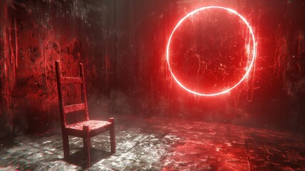 A lone chair sits in a dark, ominous room illuminated by a glowing red circle on the wall.