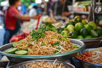 Freshly prepared pad thai noodles at a street food market in thailand