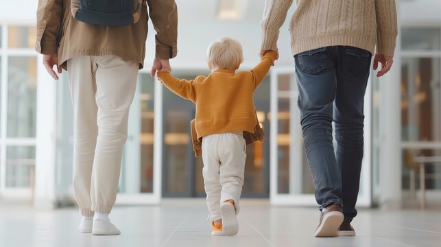 A family is walking away from the camera. The child is between the two adults, holding hands with both.