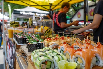 Freshly made sushi rolls at a busy outdoor market in a sunny day