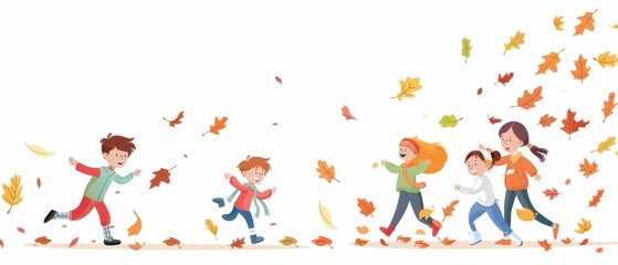 Happy children playing outdoors during fall, enjoying the autumn leaves and having fun together in a colorful seasonal background.