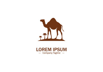 Camel logo, camel animal icon, arabian camel vector with small two trees