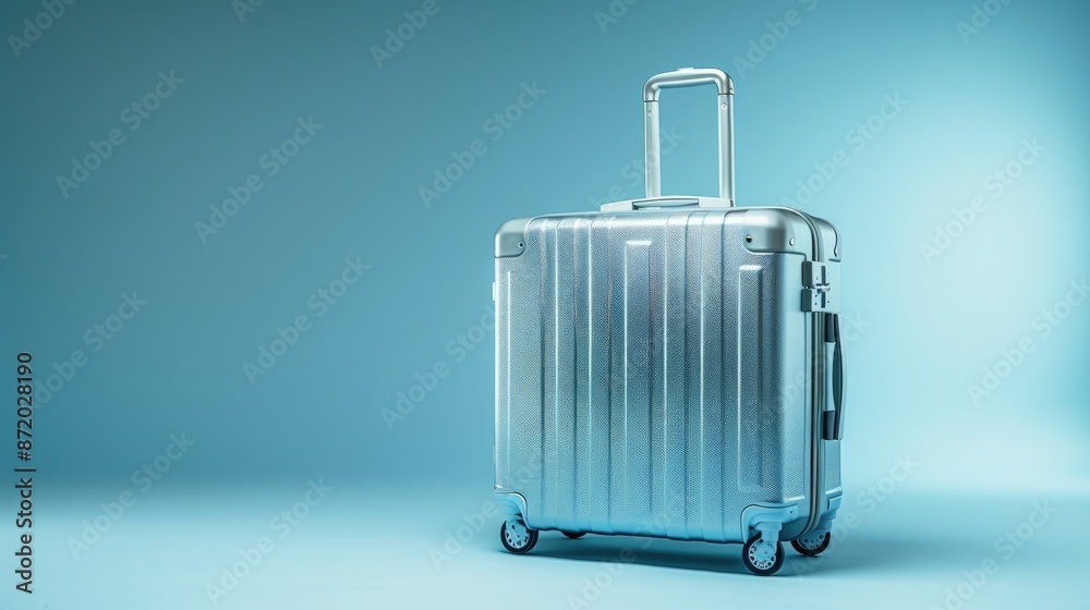 Wall mural A sleek silver suitcase standing upright against a light blue background, representing travel, luggage, and journey