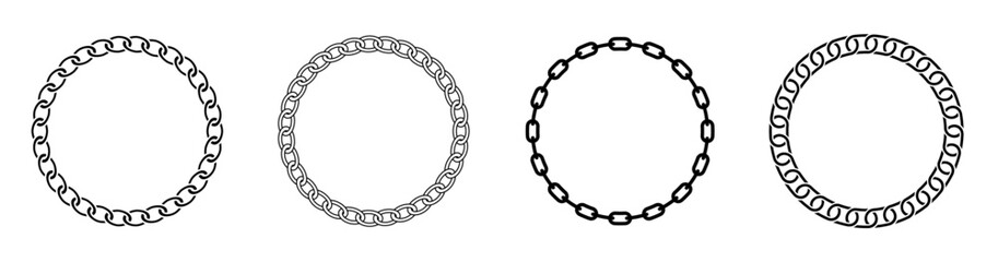 Round frames made of necklace rope. Vector set of borders in the shape of circle chain. Seamless wreath circle shape. Jewelry design, text frame.