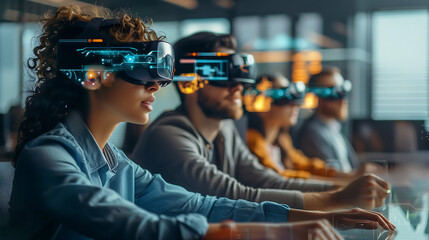 group of young people in the office wearing virtual reality glasses, sitting at their desks and working on VR projects together with holographic data floating above them