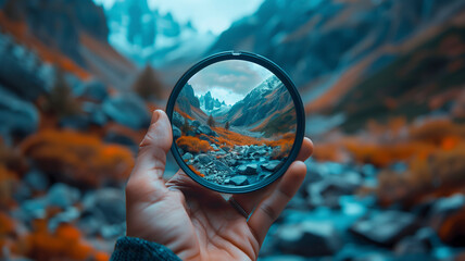 A person holding a camera lens filter in front of a stunning mountain landscape, with the view through the filter showing a crystal-clear close-up of a distant peak