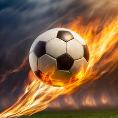Obraz premium a soccer ball flying through the air with a trail of burning fire flame, emphasizing motion and intensity