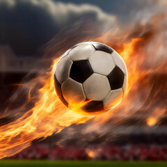Fototapeta premium soccer ball in fire.a soccer ball flying through the air with a trail of burning fire flame, emphasizing motion and intensity