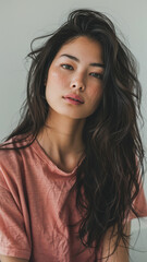 Fototapeta premium A captivating portrait of a young Asian woman with tousled dark hair wearing a pink t-shirt, embodying natural beauty and contemporary style.