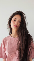 Fototapeta premium A captivating portrait of a young Asian woman with tousled dark hair wearing a pink t-shirt, embodying natural beauty and contemporary style.