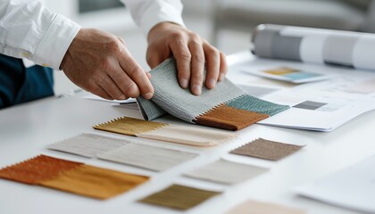 Swatch Book Display Photograph a designers hands flipping through a swatch book containing fabric