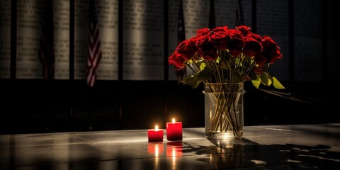 A Bouquet of Roses and Candles in a Dark Setting