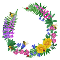 Wreath with wildflowers, ladybugs and bees. Vector illustration.