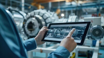 Factory Office Facility: Chief Engineer Developer Holds Tablet Computer, examins Augmented Reality Model of an Electric Generator. Modern Industry 4.0 Research and Development Center. 