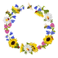 Wreath with wildflowers, ladybugs and bees. Vector illustration.