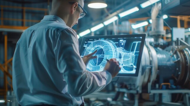 Factory Office Facility: Chief Engineer Developer Holds Tablet Computer, Augmented Reality Model of an Electric Generator. Modern Industry 4.0 Research and Development Center.