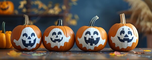 Four cute pumpkins with ghost faces painted on them, perfect for Halloween decoration on a wooden table with autumn leaves.