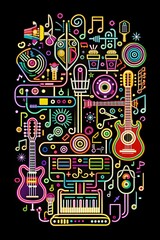 Obraz premium Vibrant Neon Music Elements Collage, Ideal for Posters, Apparel, and Music Festival Promotions