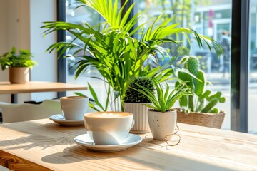 Cozy cafe interior with natural light, houseplants, and coffee cups on a wooden table, perfect for a relaxing vibe.
