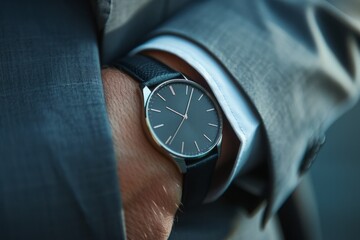 A sleek, minimalist watch on a wrist, complementing a tailored suit. 