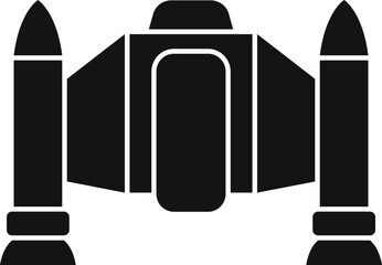 Simple icon of a futuristic spaceship flying in space with active engines
