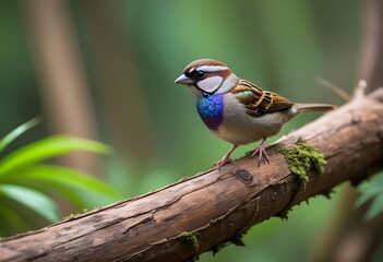 Fototapeta premium A lively sparrow with iridescent plumage hopping along a fallen tree trunk, its melodic calls blending with the symphony of nature in the heart of a lush, tropical rainforest., vibrant color palette, 