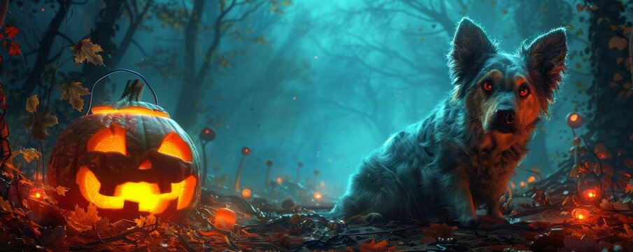 Halloween themed scene with a glowing jack-o'-lantern and a dog in a spooky forest, set against a dark, misty background.