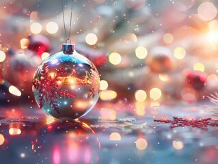 Fototapeta premium customizable christmas ornament floating in festive setting blank round bauble with reflective surface surrounded by holiday elements ideal for personalized designs and seasonal promotions