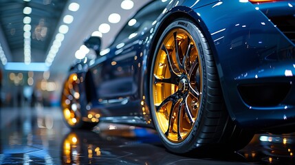 A Blue Sports Car With Gold Rims Parked in a Show Room