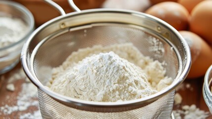 A detailed shot of a flour sifter with a removable mesh screen allowing for even sifting and providing a smooth clumpfree batter or dough.