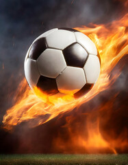 Naklejka premium soccer ball in fire.a soccer ball in flight with blazing fire flames, highlighting the power and excitement of the moment