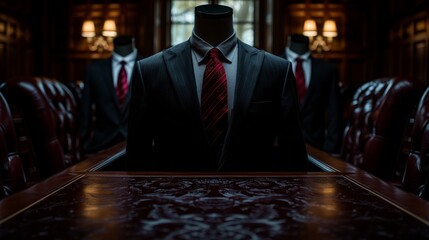 Mysterious scene of headless suits in an ornate, dimly lit boardroom, giving an eerie and surreal business atmosphere.