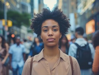Fototapeta premium diverse crowd fills bustling city street focus on empowered woman gazing directly at viewer urban energy pulsates