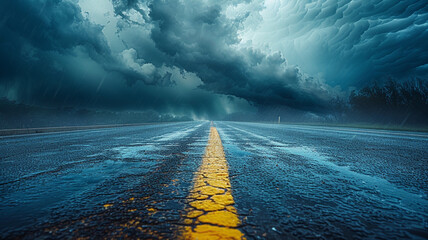 Experience the Captivating View of a Stormy Road: Real Photography Showcasing Ominous Clouds and Distant Horizon, Setting a Mood of Anticipation and Exploration