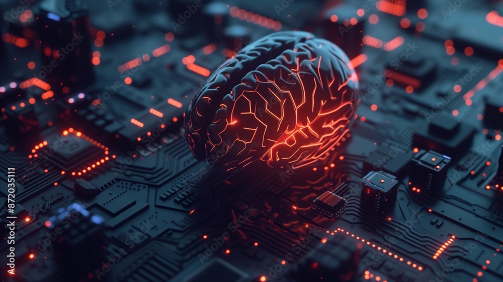 Poster A 3D rendering of a human brain sitting on a circuit board, glowing red. The brain is detailed and intricate, while the circuit board is complex and futuristic.