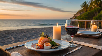 Naklejka premium Romantic sunset dinner on the beach. Table honeymoon set for two with luxurious food, glasses of champagne drinks in a restaurant with sea view. Summer love, romance date on vacation concept.