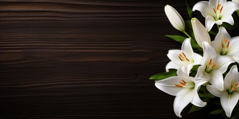 White Lilies on a Dark Wooden Background