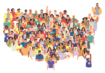 American people multicultural community avatar shaped in USA continent cartoon vector illustration. Group of young, adult, elder man and woman citizens diversity
