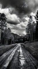 Professional monochrome photo of mountain dirt road in the middle of forest on clouds sky. Graphic black and white poster of summer landscape. Photo shot for interior painting.