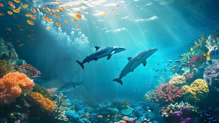 Obraz premium Underwater animal swimming in deep blue sea tropical reef beauty.