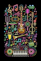 Obraz premium Vibrant Neon Music Elements Collage, Ideal for Posters, Apparel, and Music Festival Promotions