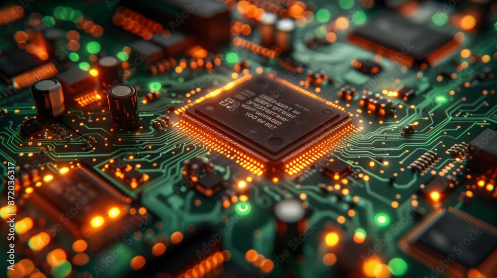 Poster A close-up image of a microchip illuminated with orange light on a green circuit board.