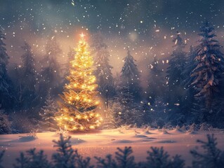 Obraz premium enchanted winter forest at night majestic christmas tree as focal point adorned with twinkling lights snowcovered landscape sparkles under starry sky magical serene atmosphere