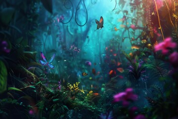 Surreal Scene of Nature Meeting Technology with Digital Screen and Lush Foliage - Futuristic Forest