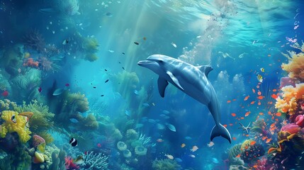 Underwater animal swimming in deep blue sea tropical reef beauty.