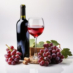 Glass of Red Wine with Grapes and Bottle