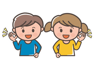 笑顔でOKする男の子と女の子の上半身イラスト（小学生、幼児、子供）