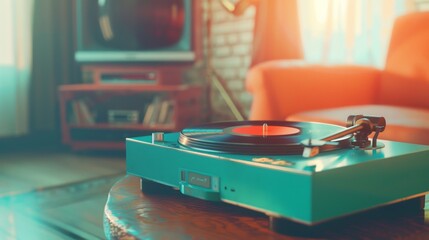 Vintage Record Player Spinning Vinyl in a Cozy Living Room with Warm Lighting - Retro Music Experience