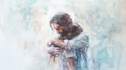 Artistic Portrait of Jesus Embracing a Young Girl in Watercolor Style

