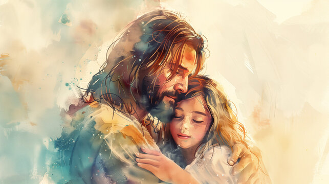 Watercolor Illustration of Jesus Embracing a Child with Love and Compassion
